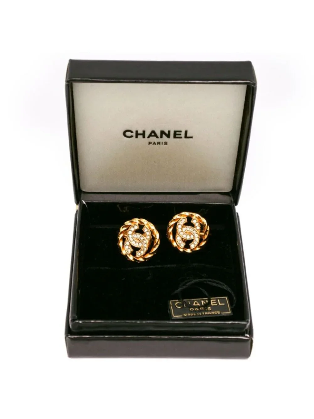Chanel CC Logo Vintage Gold Plated Rhinestone Earrings